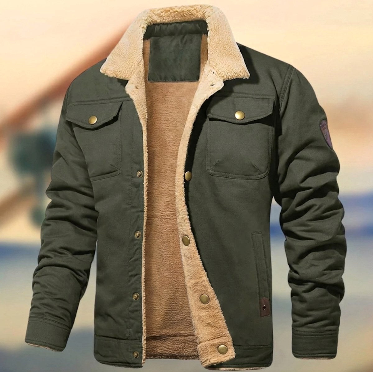 Aaron | Men's Sherpa Collar Button-Down Jacket, Relaxed Fit Autumn Jacket | Animated Apparel | Army Green