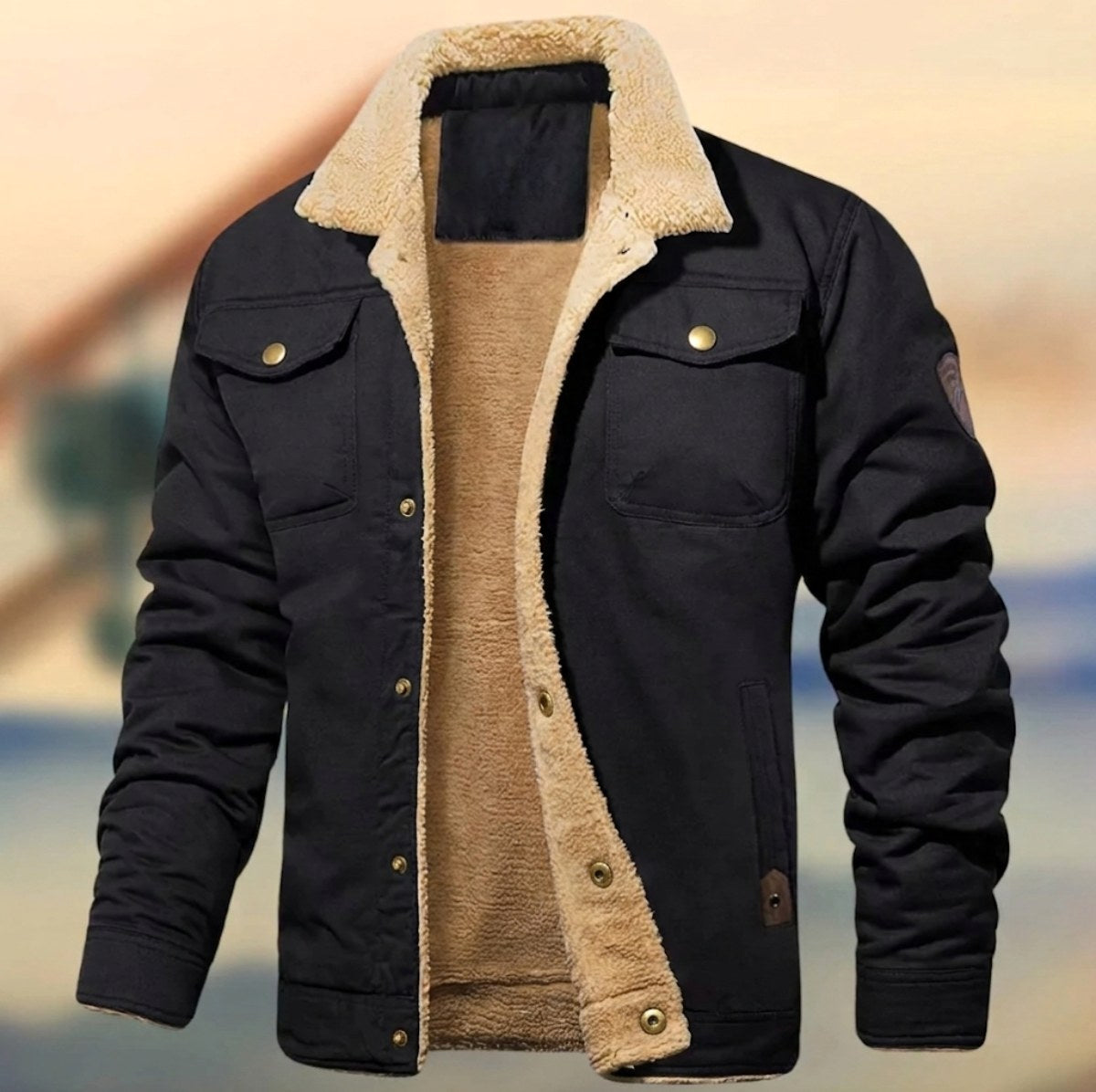 Aaron | Men's Sherpa Collar Button-Down Jacket, Relaxed Fit Autumn Jacket | Animated Apparel | Black