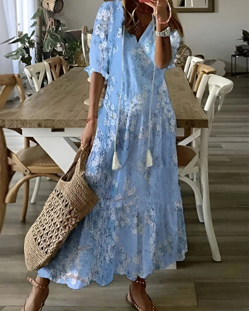 Abigail | Women's Boho Flowy Maxi Dress - Light Blue