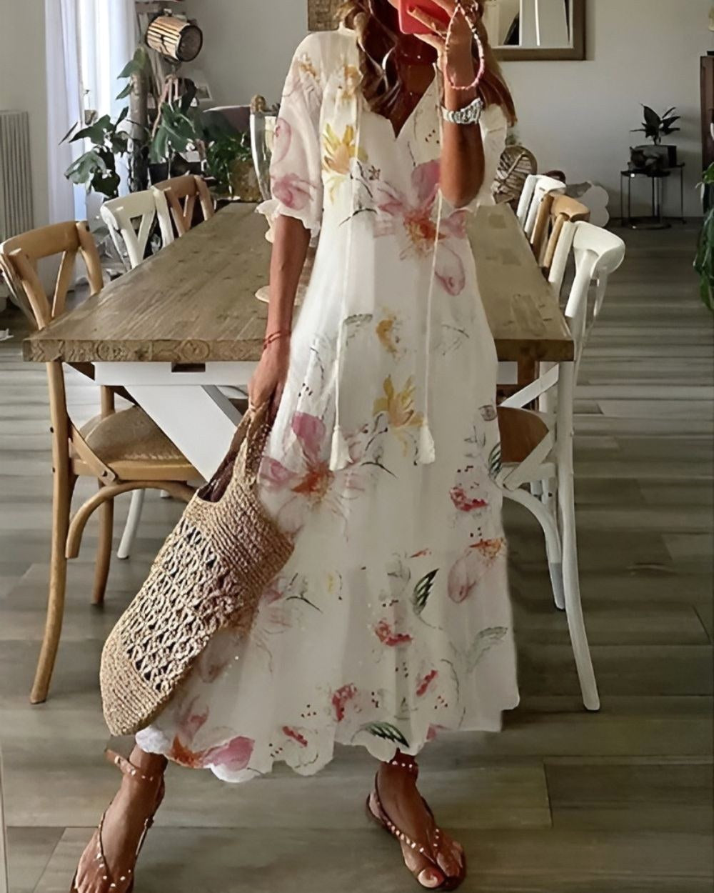 Abigail | Women's Boho Flowy Maxi Dress - White 1