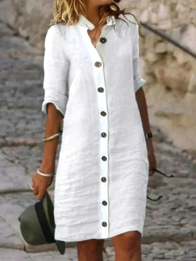 Abigail | Women's Linen Collared Button-Down Shirt Dress - White