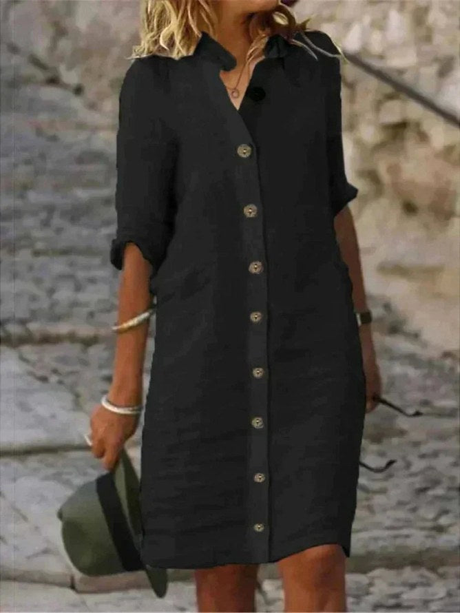 Abigail | Women's Linen Collared Button-Down Shirt Dress - Black