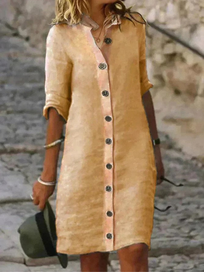 Abigail | Women's Linen Collared Button-Down Shirt Dress - Khaki
