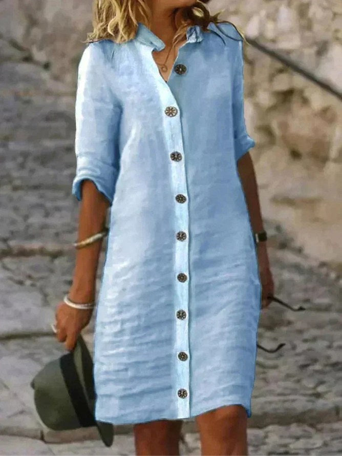 Abigail | Women's Linen Collared Button-Down Shirt Dress - Light Blue