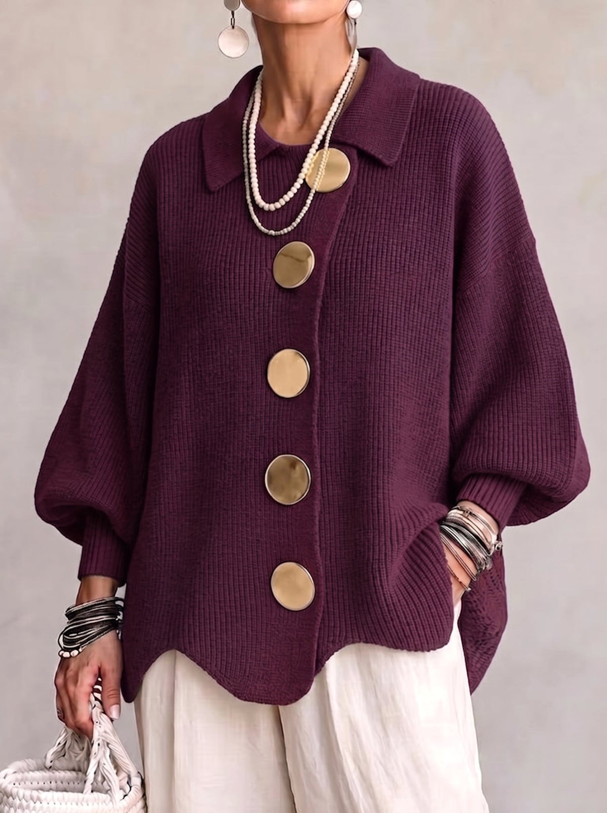 Mila | Women's Oversized Cardigan with Collar and Large Buttons, Relaxed-Fit Cardigan | Animated Apparel