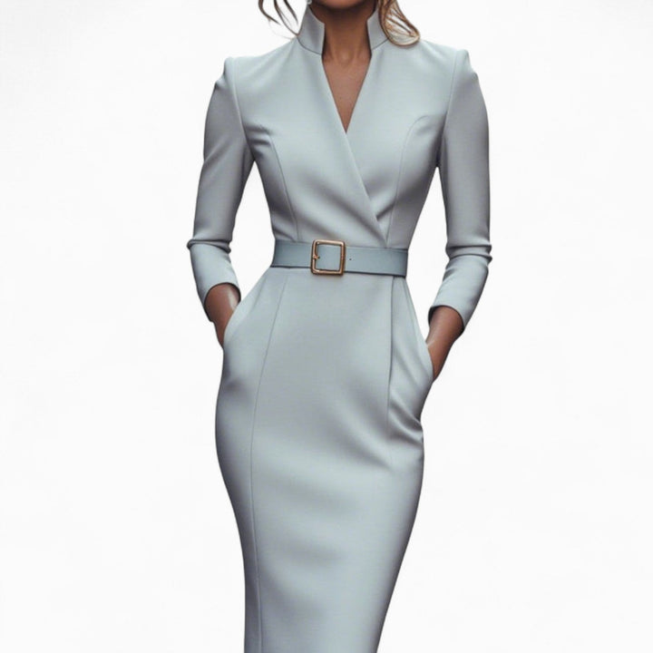 Abilene | Women's Elegant Belted Midi Dress - Grey