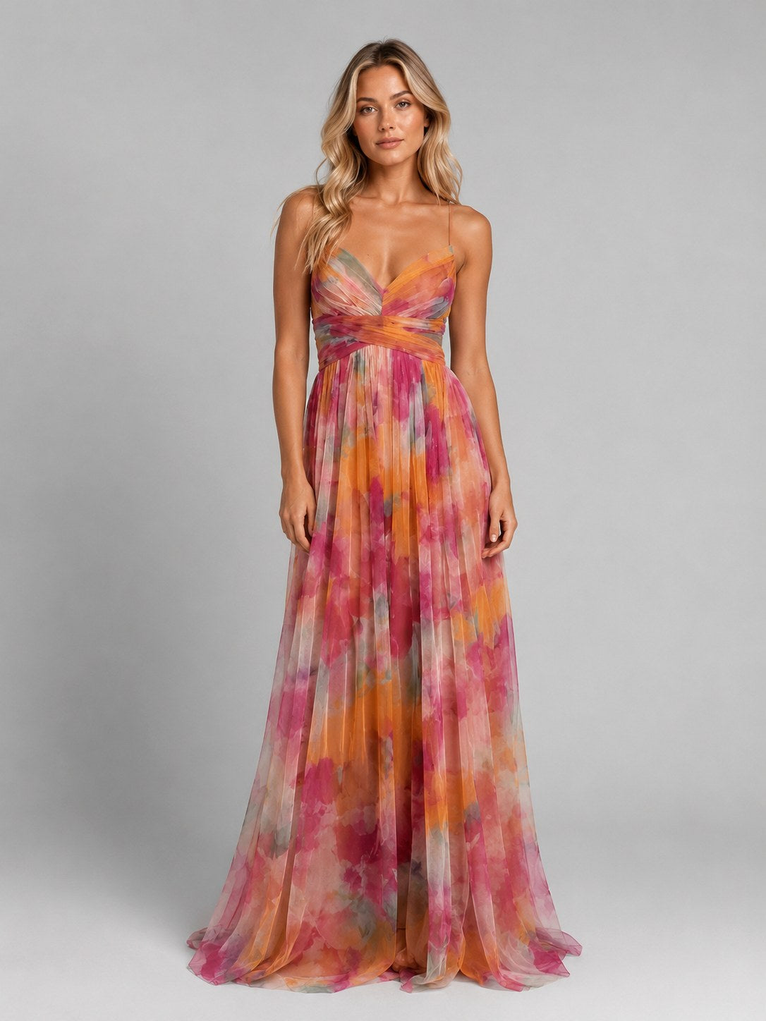 Ada | Women's Floral V-Neck Maxi Dress, Flowing Silhouette Evening Dress | Animated Apparel | Orange