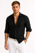 Adam | Men's Linen Oxford Shirt with Rolled Sleeves, Button-Down Casual Shirt | Animated Apparel | Black