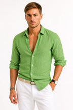Adam | Men's Linen Oxford Shirt with Rolled Sleeves, Button-Down Casual Shirt | Animated Apparel | Green
