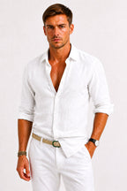 Adam | Men's Linen Oxford Shirt with Rolled Sleeves, Button-Down Casual Shirt | Animated Apparel | White