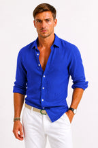 Adam | Men's Linen Oxford Shirt with Rolled Sleeves, Button-Down Casual Shirt | Animated Apparel | Beige