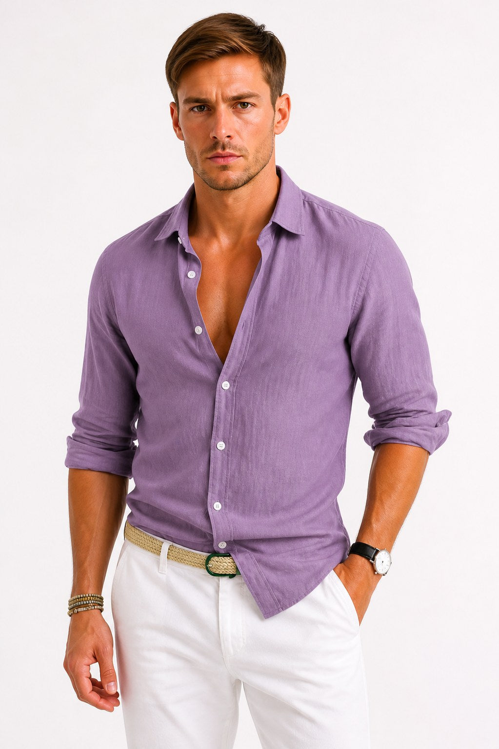 Adam | Men's Linen Oxford Shirt with Rolled Sleeves, Button-Down Casual Shirt | Animated Apparel | Blue