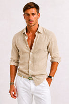 Adam | Men's Linen Oxford Shirt with Rolled Sleeves, Button-Down Casual Shirt | Animated Apparel | Light Blue