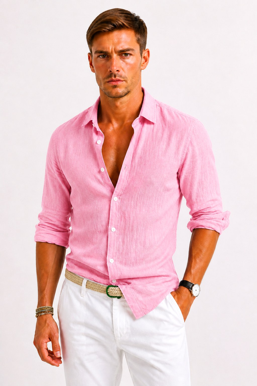 Adam | Men's Linen Oxford Shirt with Rolled Sleeves, Button-Down Casual Shirt | Animated Apparel | Purple