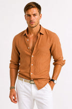 Adam | Men's Linen Oxford Shirt with Rolled Sleeves, Button-Down Casual Shirt | Animated Apparel | Brown