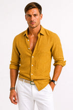 Adam | Men's Linen Oxford Shirt with Rolled Sleeves, Button-Down Casual Shirt | Animated Apparel | Mustard