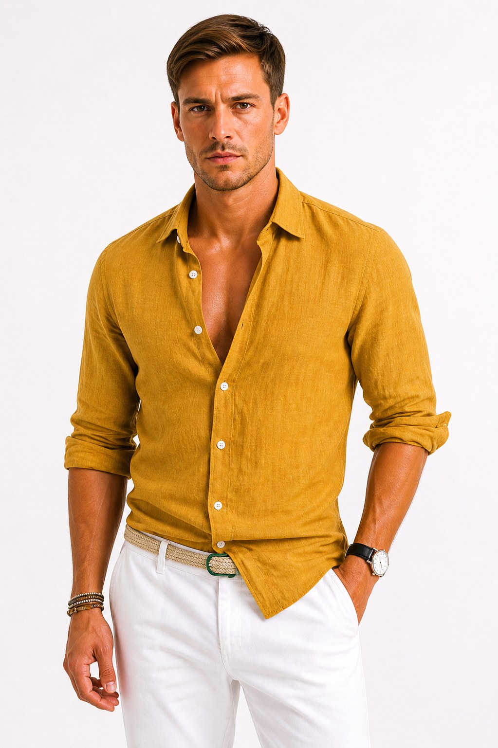 Adam | Men's Linen Oxford Shirt with Rolled Sleeves, Button-Down Casual Shirt | Animated Apparel | Mustard