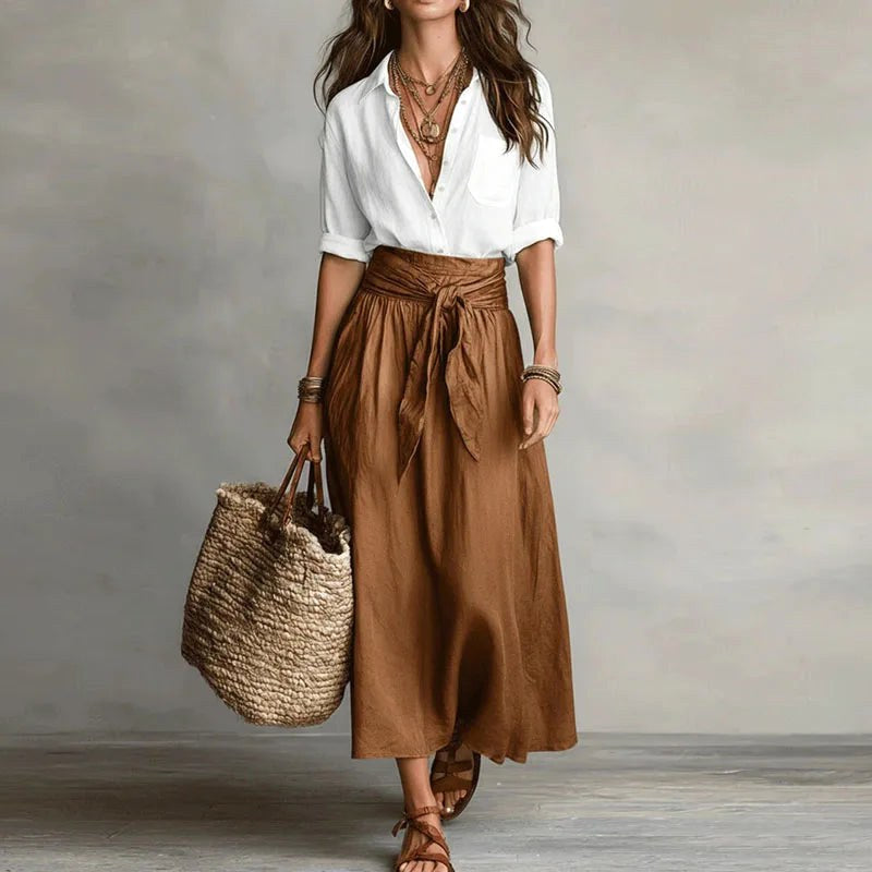 Addison | Women's Linen Two-Piece Set - White Brown