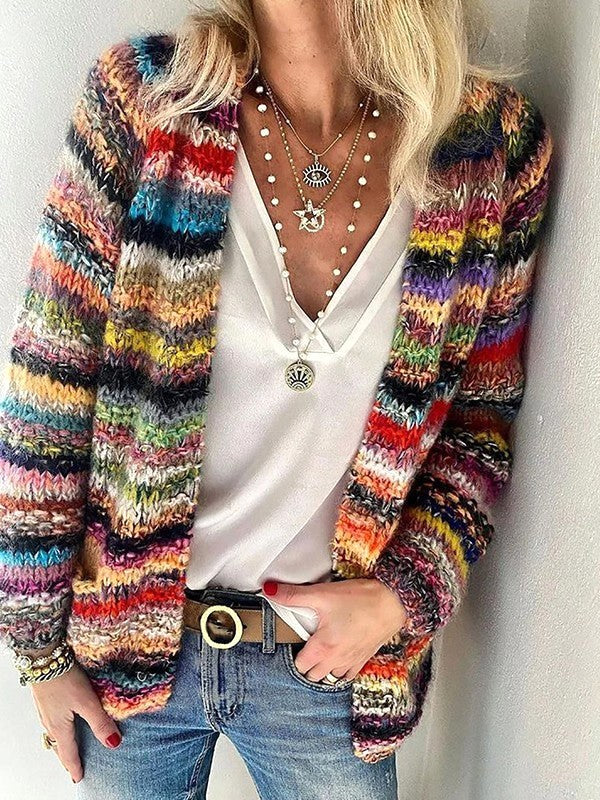 Adele | Women's Open Front Striped Knit Cardigan, Long Sleeve Layering Cardigan | Animated Apparel | Multi