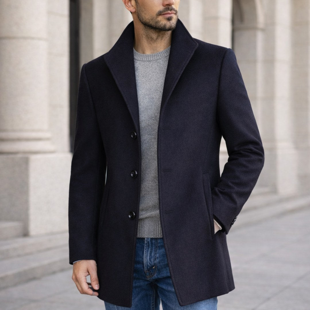 Aiden | Men's Long Winter Coat with Classic Tailoring, Refined Autumn Coat | Animated Apparel | Navy Blue