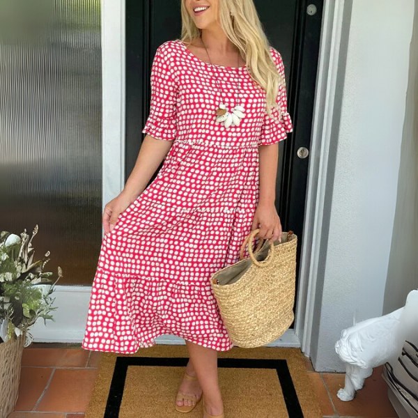 Aisha | Women's Relaxed Tiered Midi Dress - Red
