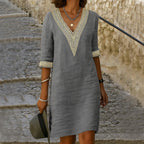 Alice | Women's Cotton and Linen Midi Dress, V-Neck Lace Detail Midi Dress | Animated Apparel