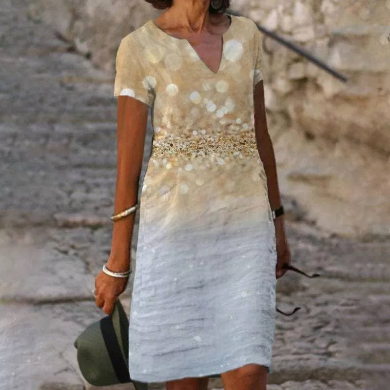 Alina | Women's Linen Short Sleeve Midi Dress - Beige