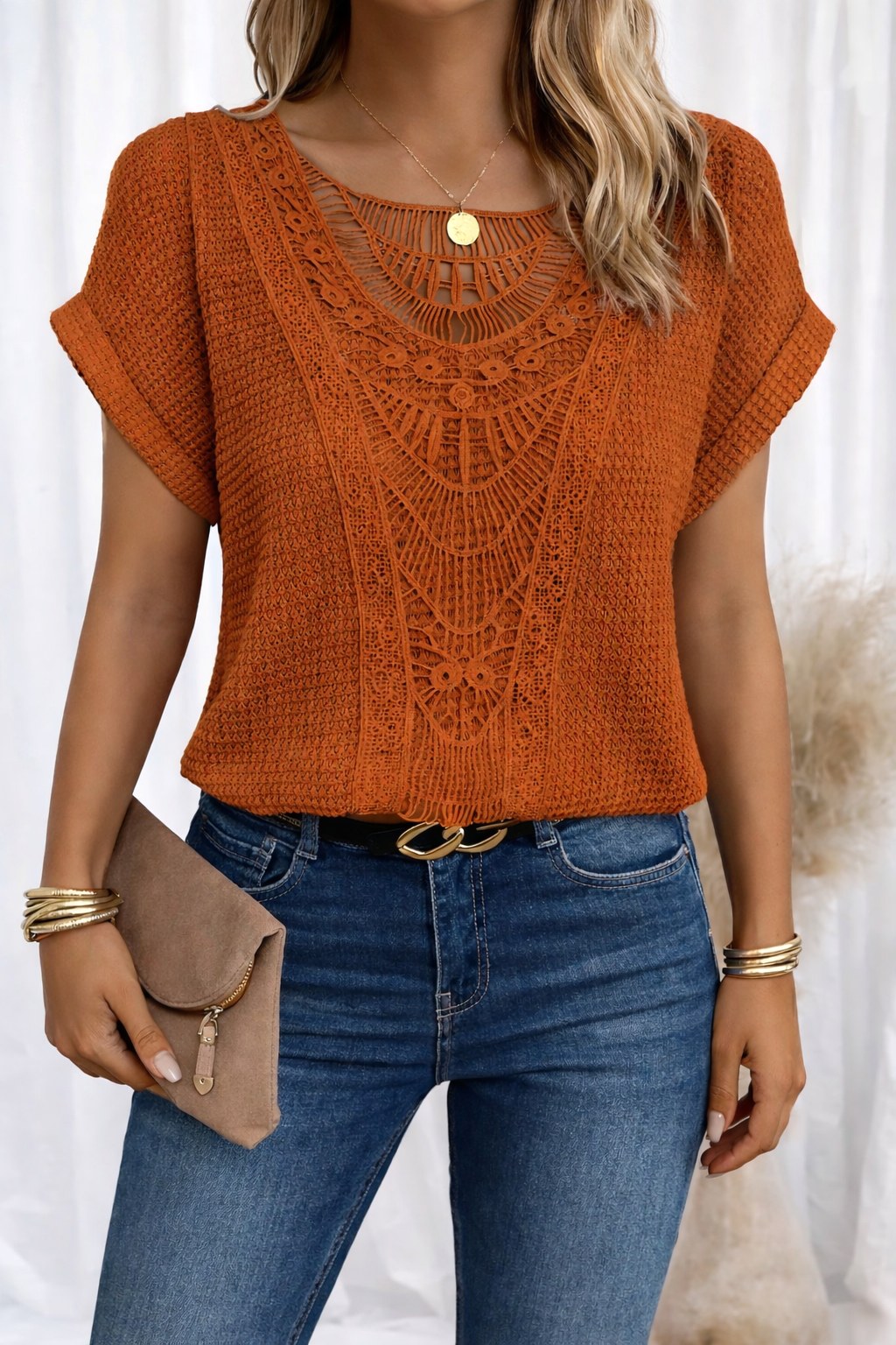 Amanda | Women's Round Neck Short Sleeve Blouse with Lace Trim - Orange
