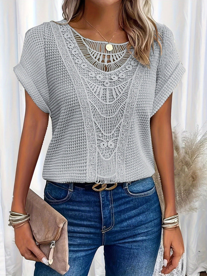 Amanda | Women's Round Neck Short Sleeve Blouse with Lace Trim - Gray