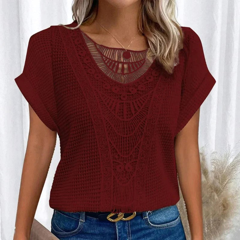 Amanda | Women's Round Neck Short Sleeve Blouse with Lace Trim - White