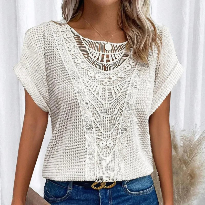 Amanda | Women's Round Neck Short Sleeve Blouse with Lace Trim - image 9