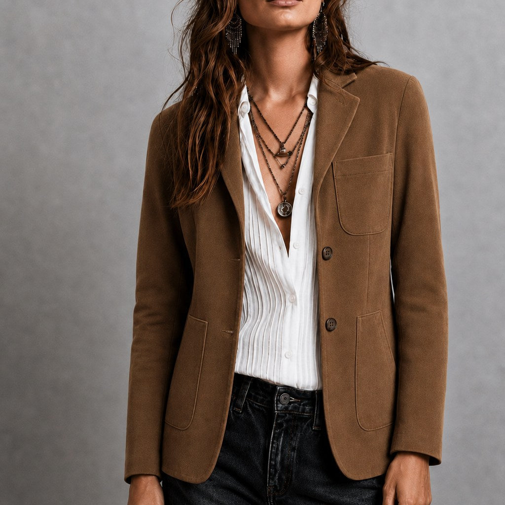 Amandine | Women's Suede Blazer with Notch Lapel, Patch Pocket Jacket | Animated Apparel | Brown