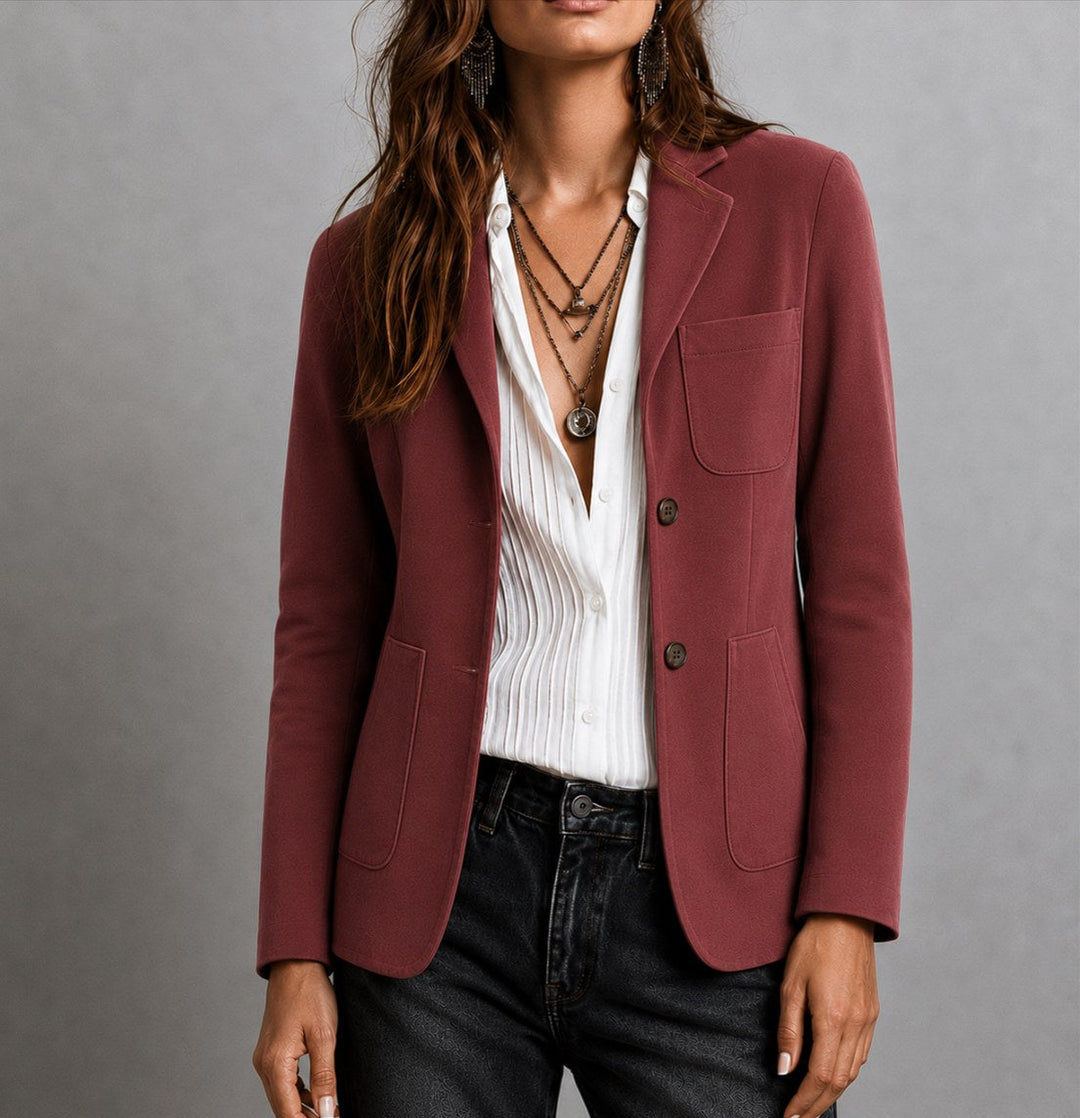 Amandine | Women's Suede Blazer with Notch Lapel, Patch Pocket Jacket | Animated Apparel | Red
