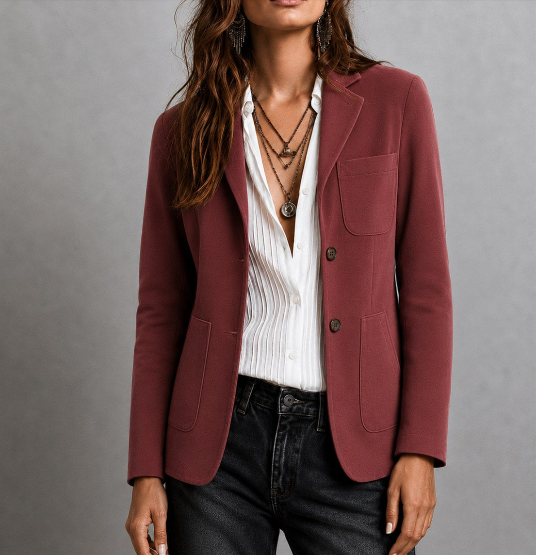 Amandine | Women's Suede Blazer with Notch Lapel, Patch Pocket Jacket | Animated Apparel | Red