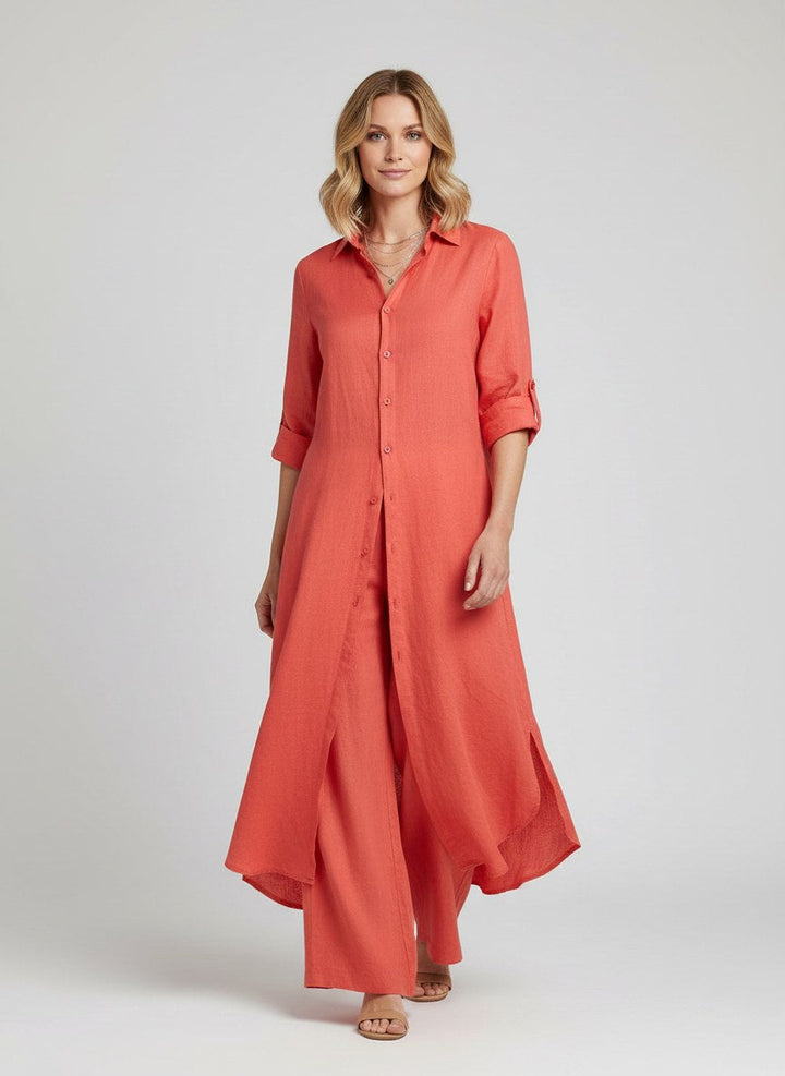 Amara | Women's Linen Long Blouse Wide-Leg Two-Piece Set - Khaki