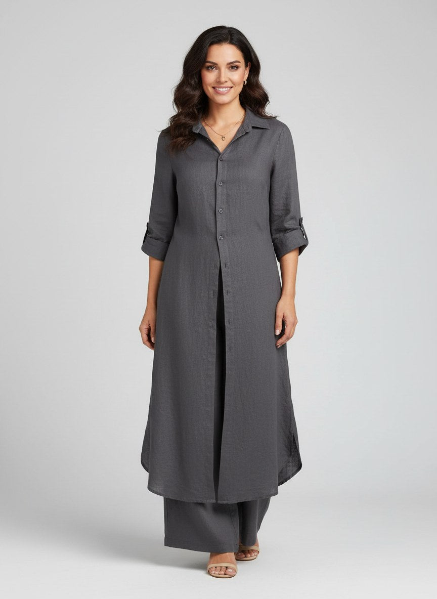 Amara | Women's Linen Long Blouse Wide-Leg Two-Piece Set - Donkergrijs