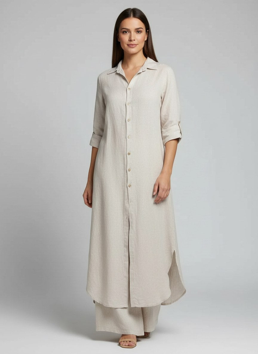 Amara | Women's Linen Long Blouse Wide-Leg Two-Piece Set - Geel