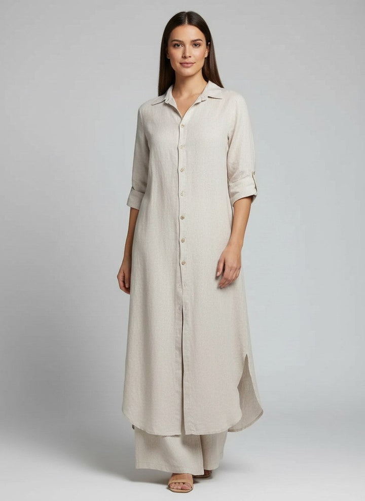Amara | Women's Linen Long Blouse Wide-Leg Two-Piece Set - Geel
