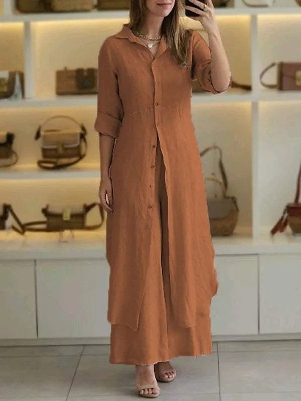 Amara | Women's Linen Long Blouse Wide-Leg Two-Piece Set - Bruin