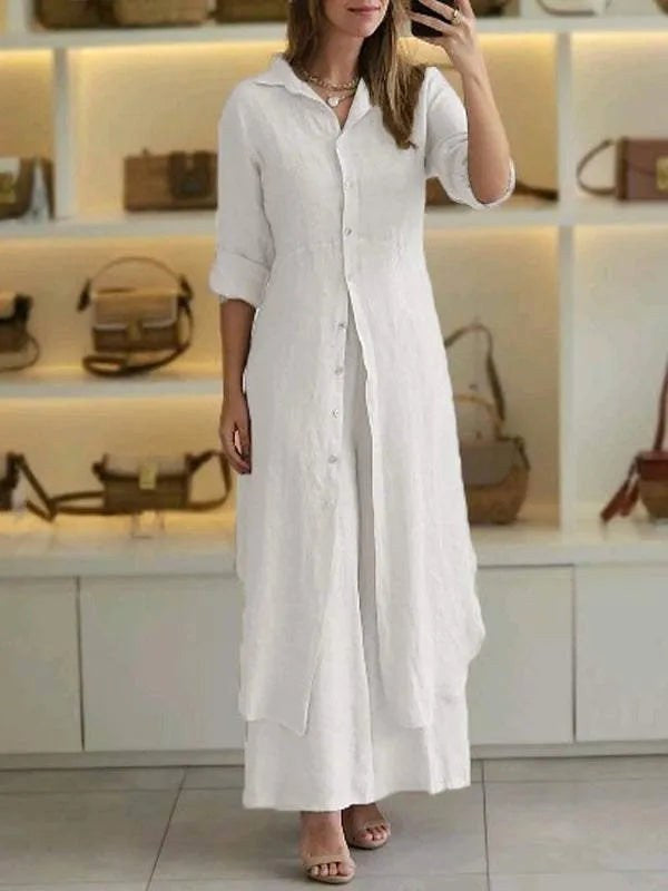 Amara | Women's Linen Long Blouse Wide-Leg Two-Piece Set - Wit