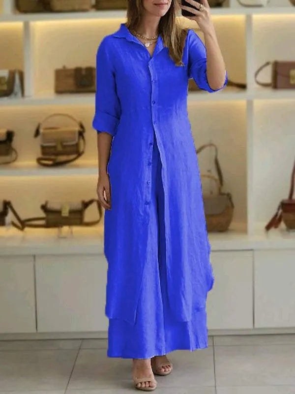Amara | Women's Linen Long Blouse Wide-Leg Two-Piece Set - Blauw
