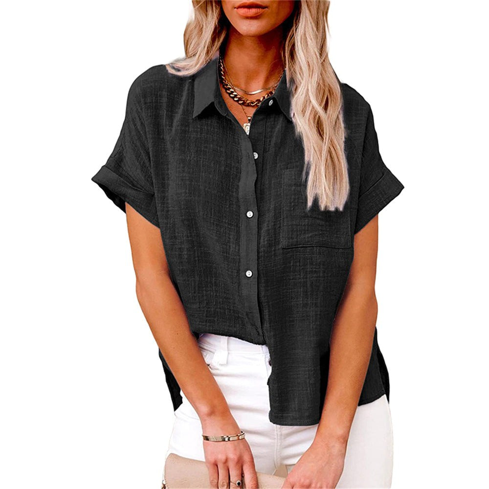 Amelia | Women's Linen Button-Front Short Sleeve Blouse - Zwart