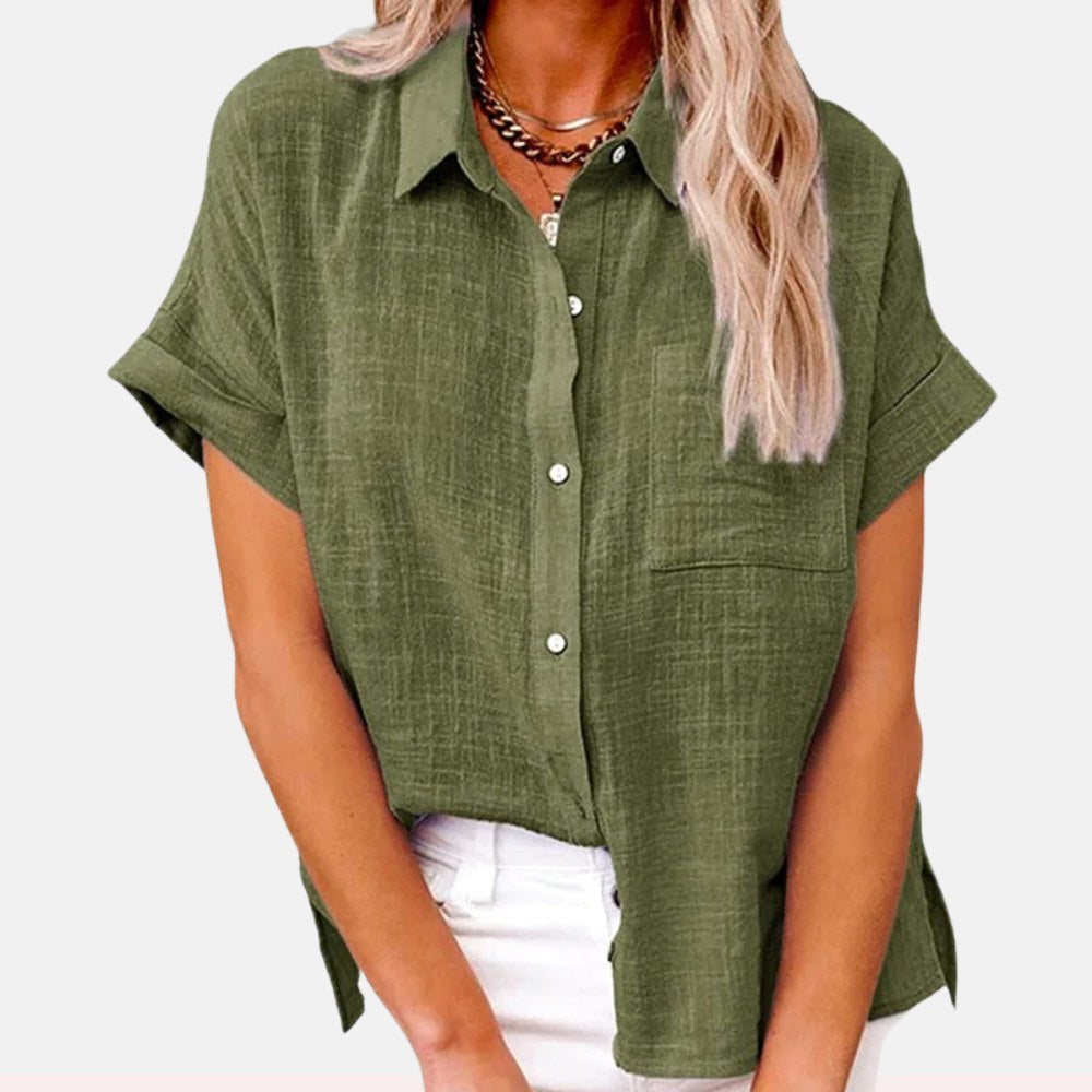 Amelia | Women's Linen Button-Front Short Sleeve Blouse - Groen