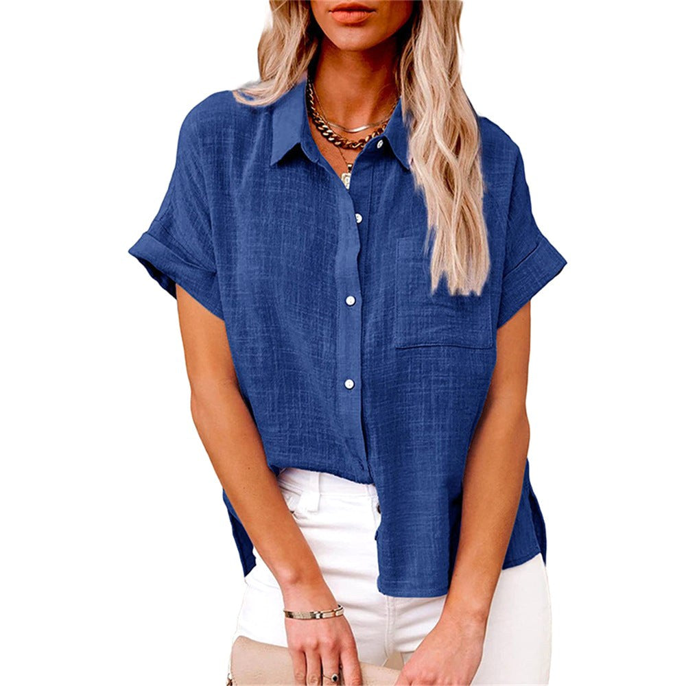 Amelia | Women's Linen Button-Front Short Sleeve Blouse - Koningsblauw