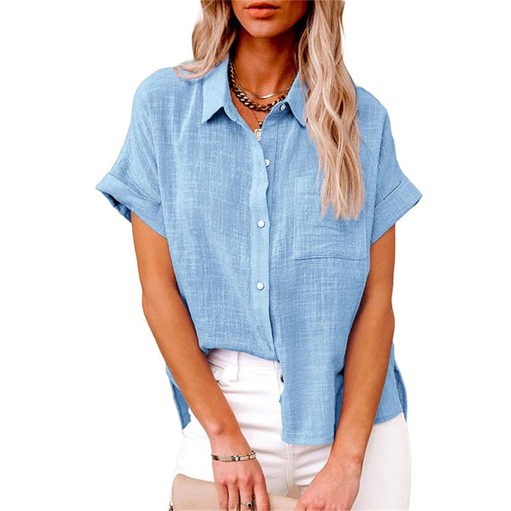 Amelia | Women's Linen Button-Front Short Sleeve Blouse - Lichtblauw