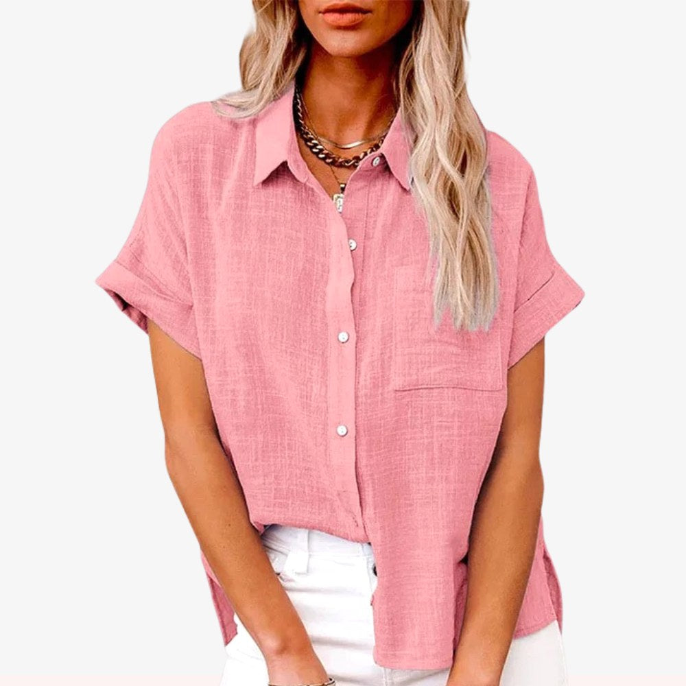Amelia | Women's Linen Button-Front Short Sleeve Blouse - Roze