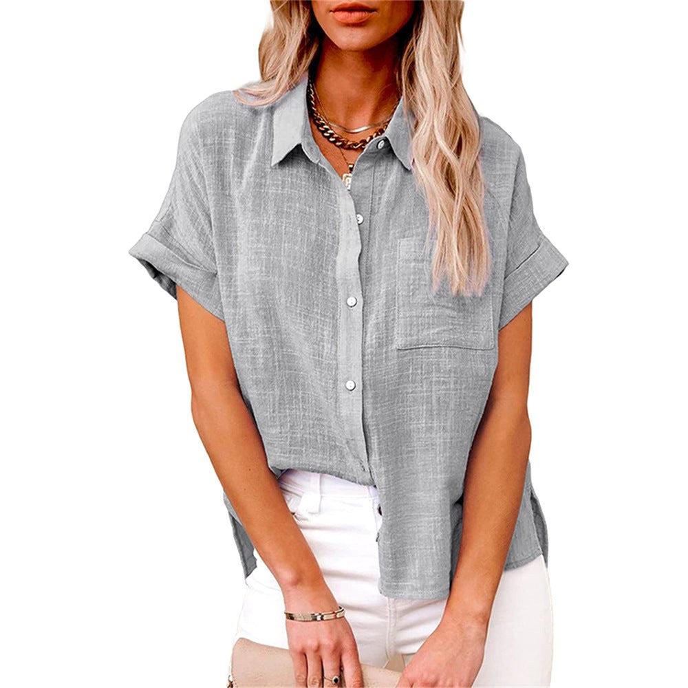 Amelia | Women's Linen Button-Front Short Sleeve Blouse - Grijs