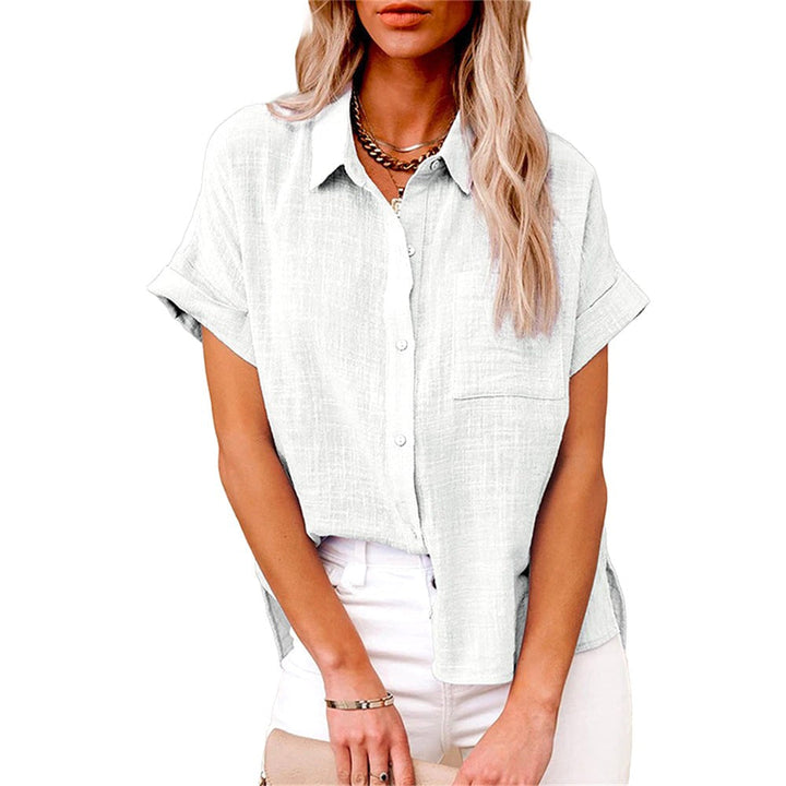 Amelia | Women's Linen Button-Front Short Sleeve Blouse - Wit