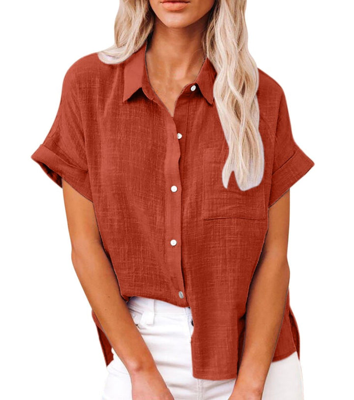 Amelia | Women's Linen Button-Front Short Sleeve Blouse - Bruin