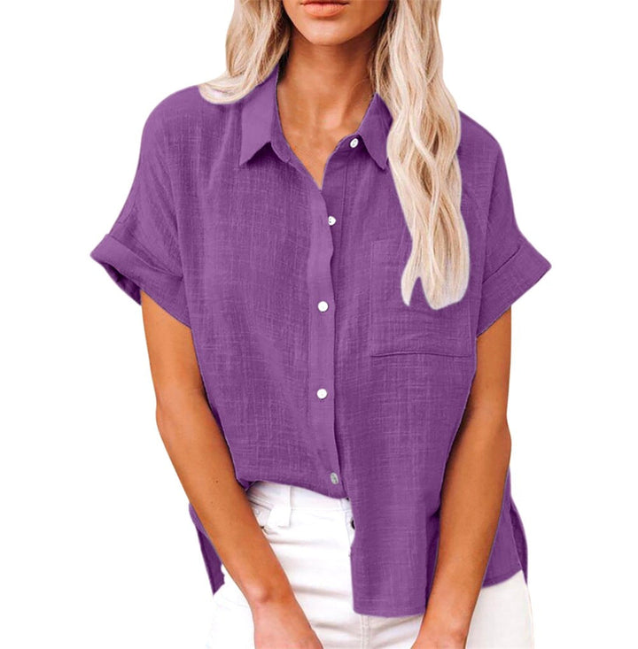 Amelia | Women's Linen Button-Front Short Sleeve Blouse - Paars